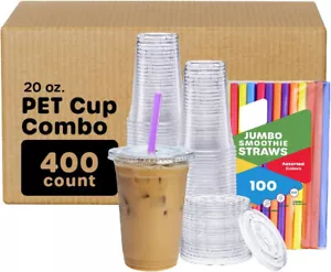 [20 oz. - Case of 400 Plastic Cups With Flat Lids & Jumbo Smoothie Straws - Picture 1 of 5