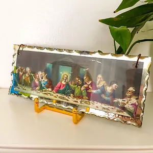 Antikes LETZTES ABENDMAHL katholisch Jesus Spiegel Glas Wandkunst Litho Druck 20er/30er Vintage - Bild 1 von 7
