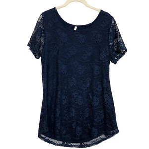 Leo & Nicole Womens Lace Blouse Size Medium Blue Lined Cotton Blend Short Sleeve - Picture 1 of 7