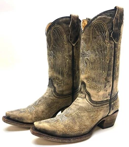 Botas vaqueras de cuero marrón occidental cruzadas corral envejecidas talla 3 para adolescentes - Imagen 1 de 8