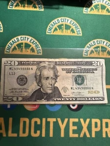 2013- $20 Dollar Bill TRINARY (Four Of A Kind) And Two Pair Note ML49498888 - Picture 1 of 2