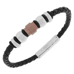 Men's Stainless Steel and Black Leather Bracelet - Picture 1 of 3