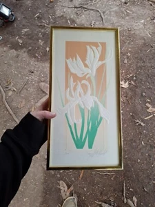 Arte serigrafía floral en relieve raro enmarcado "Iris" firmado por el artista David Allgood - Imagen 1 de 15