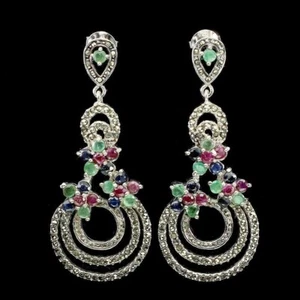 Sterling Silver Earrings Sapphire Ruby Emerald Marcasite Genuine Natural Gems - Picture 1 of 24