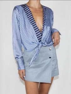 Zara Women Bodysuit Blue Stripe Long Sleeve Boho Top Tropical Vacay Sz M New - Picture 1 of 9