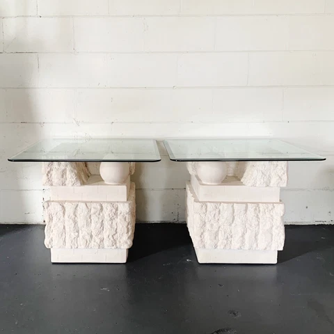 1980's post modern end table, glass top, tessellated stone look 2 available Cover