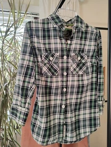 Superdry Denim Goods Blue Green Plaid Button Down Long Sleeve Shirt 100% Cotton - Picture 1 of 15