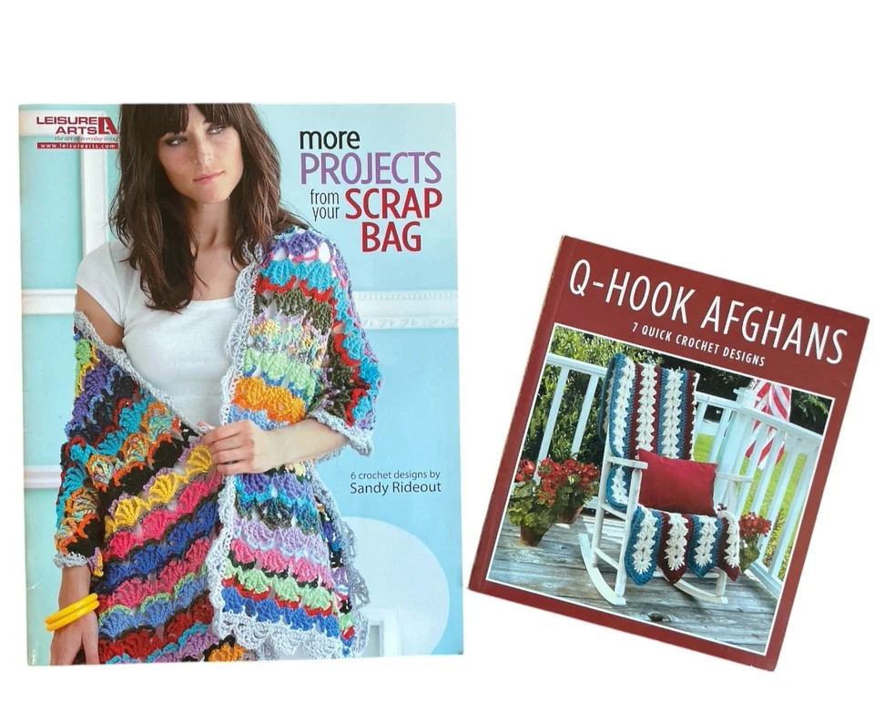 Lote de 2 libros de ganchillo de artes de ocio Q-Hook proyectos afganos de bolsa de chatarra rápida Foto 1 de 4
