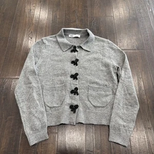 Zara Sweater Womens Small Gray Bow Button Cardigan Wool Blend Pockets Collared - Picture 1 of 7