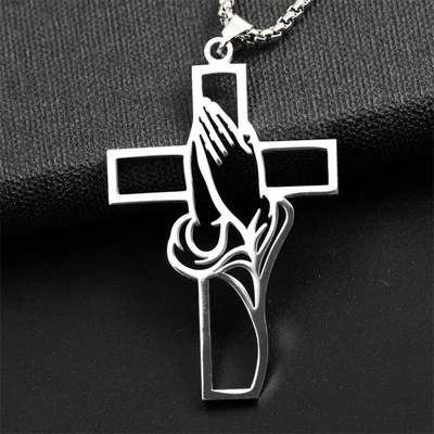 Collana lunga acciaio inox CROCE mano di preghiera religioso uomo donna 70cm  - Immagine 1 di 4