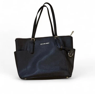 MICHAEL KORS Black Jet Set Travel Large Saffiano Leather Zip Top Tote Bag Purse - Image 1 of 4