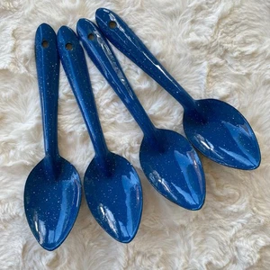 Vintage 4er Set blau weiß gesprenkelt Emaillegeschirr Granitgeschirr Camping Metall Löffel - Bild 1 von 4