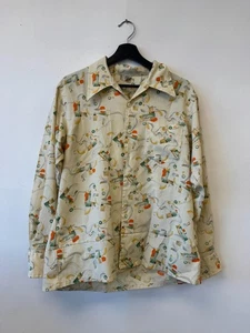 Vintage Sears Abstract Print Shirt Medium Beige Polyester Button Up Disco 70s - Picture 1 of 6