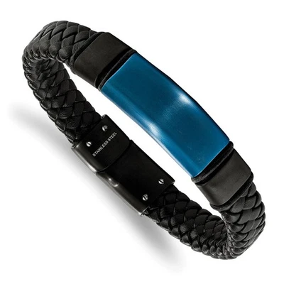 Stainless Steel Black and Blue IP-plated Leather with Silicone ID Bracelet 8.25" - Image 1 of 2
