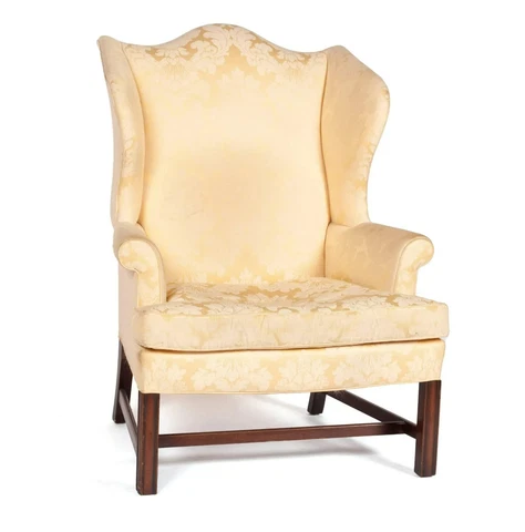 Kittinger Williamsburg Mahogany Chippendale Wing Chair Schumacher Damask Fabric Cover