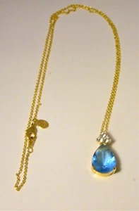 W Lind 14KG Teardrop Blue Stone & Crystal Necklace 18" - Picture 1 of 4