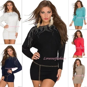 Sexy New Ladies Knit Jumper Women Mini Dress Long Sleeve Belt Party UK 8/10 - Picture 1 of 14