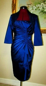 NEU ADRIANNA PAPELL GR. 4 BLAU 2-TEILIG BOLERO JACKE/KNIELANG GERAFFT COCKTAILKLEID - Bild 1 von 12