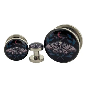 Pair of Screw on Death Moth Picture Plugs (MTO-035) gauges 16g thru 1 inch - Picture 1 of 5