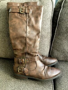 Rampage Istas Brown Faux Leather Round Toe Knee High Moto Boots Women's Size 10 - Picture 1 of 7
