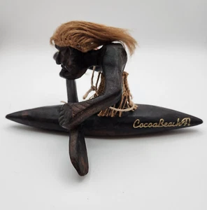 Carved Wood Figure Polynesian Hawaii Tiki Tribesman in Canoe Boat Coco Beach FL - Picture 1 of 9