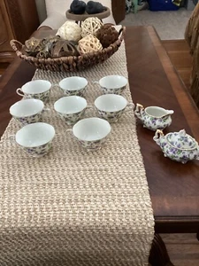Vintage Lefton 638 Violets Chintz Lot of 8 Tea Cups Sugar & Creamer - Picture 1 of 6