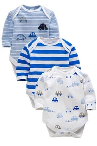 Neu mit Etikett Next Jungen Spielanzüge Babygrows • Autos Bodys 3er Pack • 100% Baumwolle • 1 Monat - Bild 1 von 4