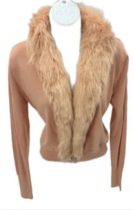 Cardigan maglione medio corallo pesca pelliccia sintetica collo rimovibile 7th Avenue NY & Co - Foto 1 di 5