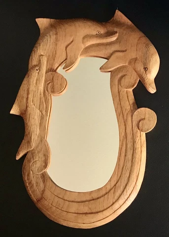 Hawaiian Art Hand Carved Wood DOLPHINS IN WAVES Wall MIRROR Home Office Decor Cover