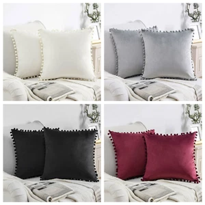 Cushion Covers Velvet Extra Soft Plush Pom Poms Sofa Pillow Cases 16, 18'', 20'' - Picture 1 of 8