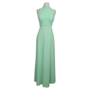 Maxi Vestido Halter Verde Pastel Años 70 Talla Pequeña Nylon Cremallera Boda De Colección - Imagen 1 de 8