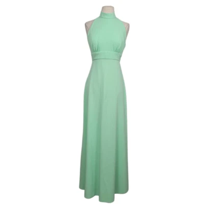 Vtg 1970s Pastel Mint Green Halter Maxi Gown Dress Sz Small Nylon Zipper Wedding - Image 1 of 4