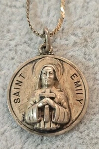 Glaubensbekenntnis Sterling 925 katholisch religiös Heilige Emily Anhänger Halskette Vintage  - Bild 1 von 10