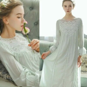 Womens Victorian Retro Nightdress Cotton Nightgown Sleepwear Guipure Lace - Picture 1 of 14