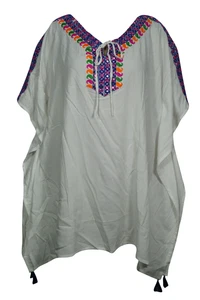 Boho Women's Short Kaftan Kimono Sleeves Embroidered Loose Beach Cover Up Dress 