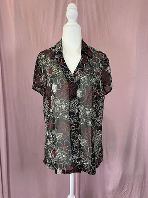Vtg 90s Y2K Nine & Co Black Red Sheer Floral Blouse Top Shirt Size 12 M L￼ - Image 1 of 3
