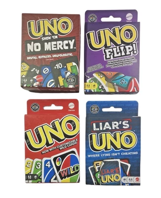 UNO Card Game Bundle – No Mercy, Flip, Liar’s UNO, Customizable Wild  4 Pack New - Image 1 of 2