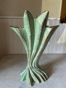 "Florero MCM de 13"" como nuevo espuma de mar verde y dorado Gilner cerámica abanico pellizcado Art Deco" - Imagen 1 de 22
