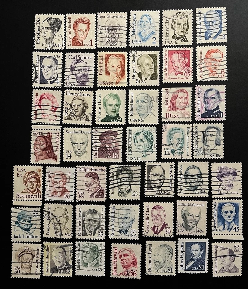 US Used set of 45 Great Americans issue Scott 1844/ /2195 includes 2-$1 and 1-$2 - Image 1 of 1