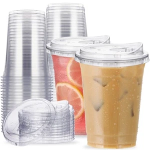 16 oz Clear Plastic Cups with Strawless-Sip-Lids, 25 Sets Disposable Cup Plas... - Picture 1 of 7