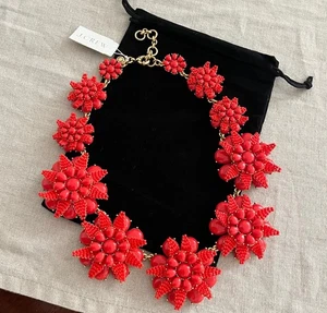 J Crew Red Beaded Seed Bead Flower Gardenia Floral Gold Statement Necklace NWT🌺 - Picture 1 of 8