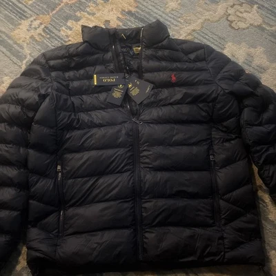 Polo Ralph Lauren Men FullZip Packable Blue Puffer Jacket, Size Medium 248$ NWT - Image 1 of 4