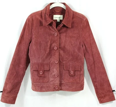 Cherokee Suede Leather Button Front Jacket Coat w Pockets Maroon M Casual Grunge - Image 1 of 4