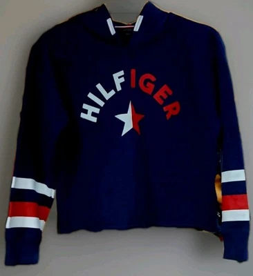 Tommy Hilfiger укороченный толстовка с капюшоном L темно-синий ретро Y2K флаг рукав Streetwear EUC - Изображение 1 из 4