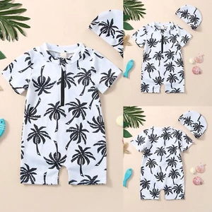 Boy Swimsuit Suit Summer Swimming New Coconut Tree Print Swimsuit + Swimming Cap - Picture 1 of 13