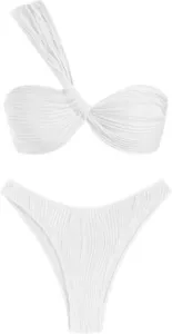 ZAFUL Womens One Shoulder Bikini Twisted Rushed High Cut Bandeau Set White 8-10 - Picture 1 of 6