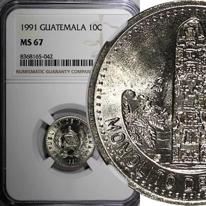 Guatemala Kupfer-Nickel 1991 10 Centavos NGC MS67 GEM BU KM# 277,5 (042) - Bild 1 von 5