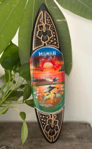 Hawaii Hand Made 16" Carved Wood Surfboard Home Decor Sunset Hibiscus Wave Art - Picture 1 of 4