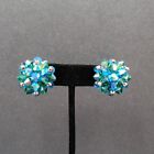 Vintage Clip on Earrings AB Blue Cluster Bead 1" Estate Costume Jewelry