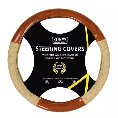 38cm 15'' Car Leather Steering Wood Grain Cover Beige Wheel Breathable Non-slip - Image 1 of 4